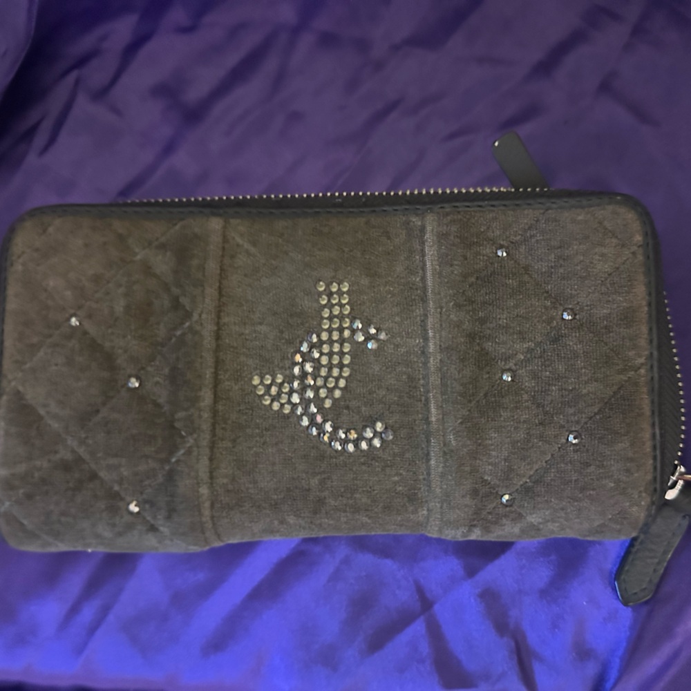 Gray Quilted Wallet with Rhinestone Design